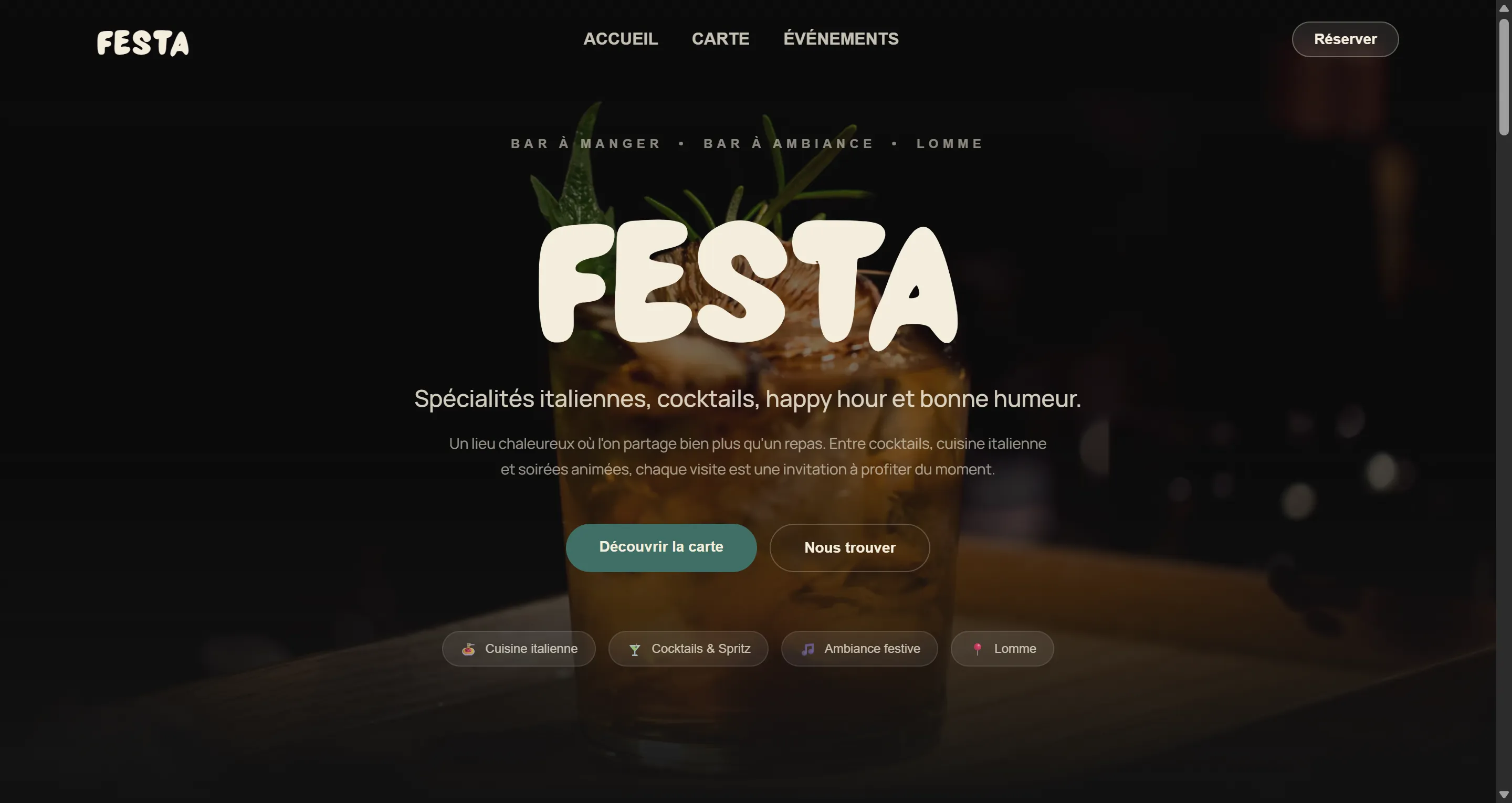 Site vitrine FESTA, bar à manger et bar à ambiance à Lomme, conçu par ShiftyX