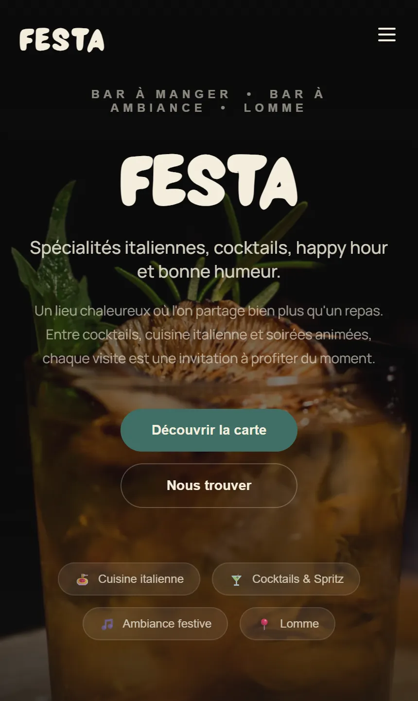 Site vitrine FESTA, bar à manger et bar à ambiance à Lomme, conçu par ShiftyX